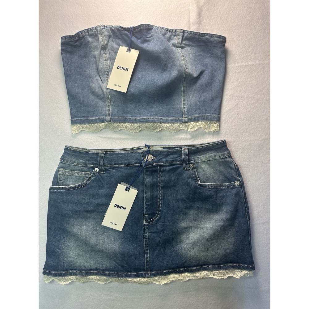 Love Tree Women's Denim Short and Stop Set Blue With Lace. Size Medium NWT
